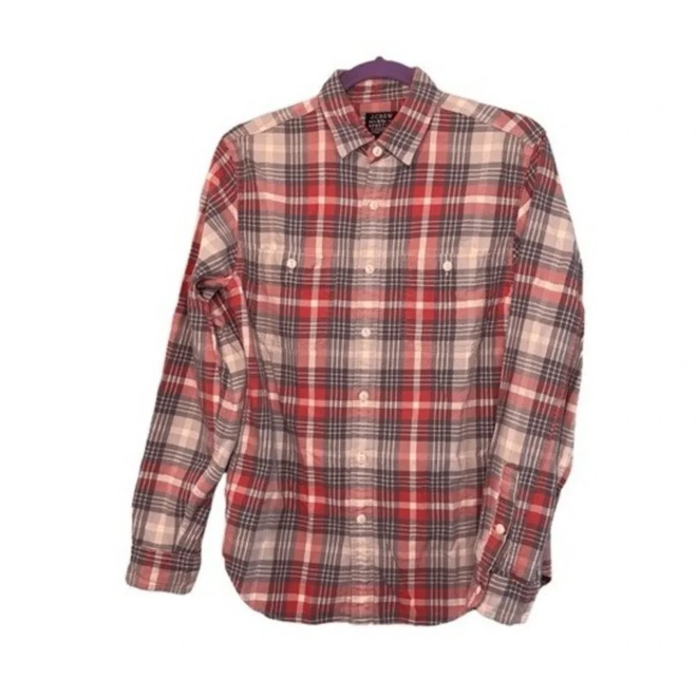 J. Crew Casual Button Down Shirt Gray Red White Tartan Plaid Washed Cotton S